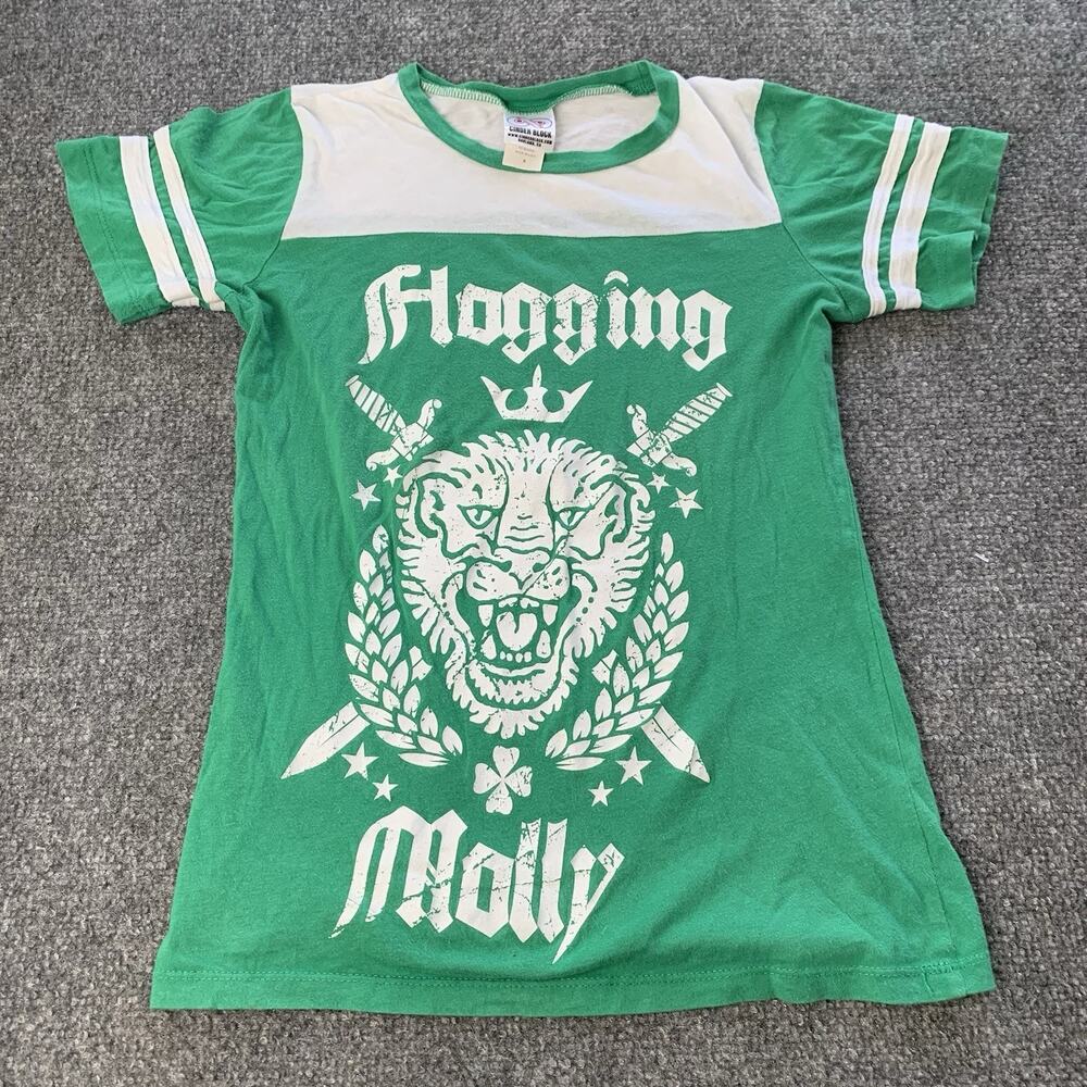 Vintage Flogging Molly Lion Head Band Shirt Women’s Small Green White Made USA